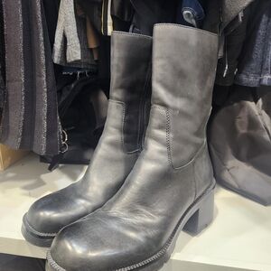 Steve Madden Black Leather Mid-Calf Block Heel Chelsea Boots